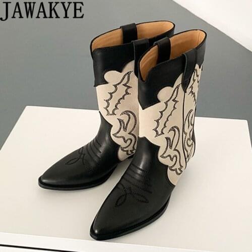 Classic Fashion Ethnic Chelsea Boots Woman Quality Real Suede Embroidery Pointy toe Wedges heel Mid calf Knight Boots female