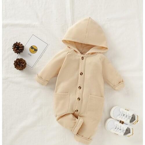 2019 Infant Baby Boy Girl Hooded Romper Newborn Cotton Clothes Toddler Kids Solid Button Pocket Jumpsuit Romper Autumn Outfit