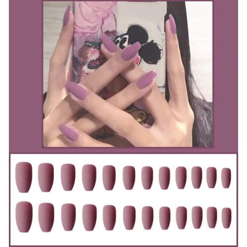 Matte Frosted 24 Pcs/set Purple Long Coffin Fake Nails Reusable Ultra Thin Ballerina False Nails with Adhesive Tape Glue Sticker
