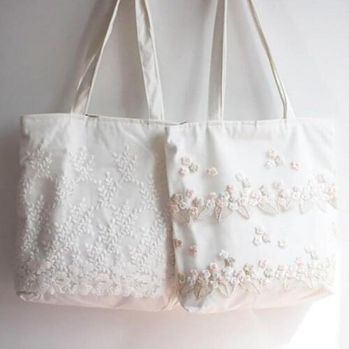 Fashion Lace Flower Floral Embroidery Book Bag White Canvas Bags Women Casual Summer Luggage Organizer Students School Bag