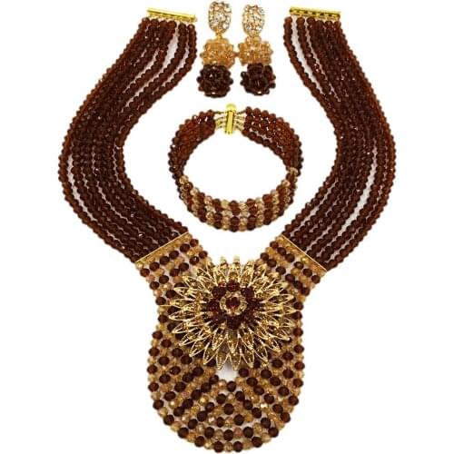 Fashion Brown Champagne Gold AB Crystal Beads Necklace African Jewelry Set Nigerian Wedding Party Jewelry Sets 6WDK06