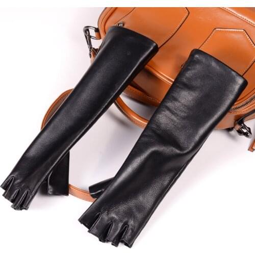 New Womens Ladies Genuine leather Sheep Skin long gloves evening party gloves Half-Finger Fingerless Gloves
