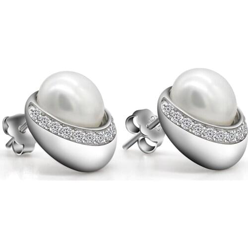 Pearl Earrings 925 Sterling Silver Freshwater Pearl with Clear CZ Stud Earrings Classic Jewelry Accessories for Women Gift