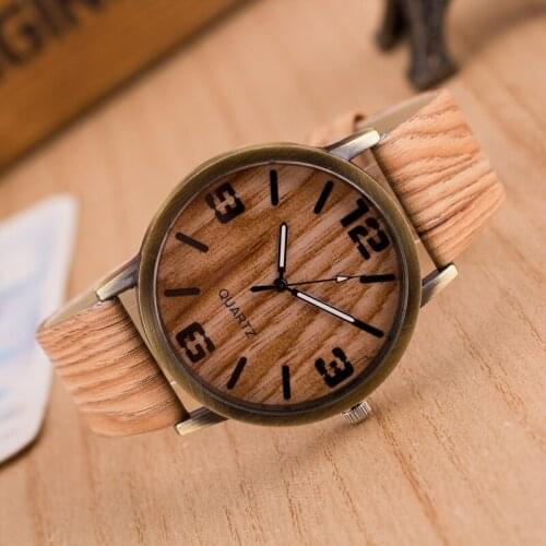 Reloj Mujer Fashion Wood Grain Watch Men Watches Women Leather Imitation Wood Analog Quartz Watch Lady Montre Femme Hours Clock