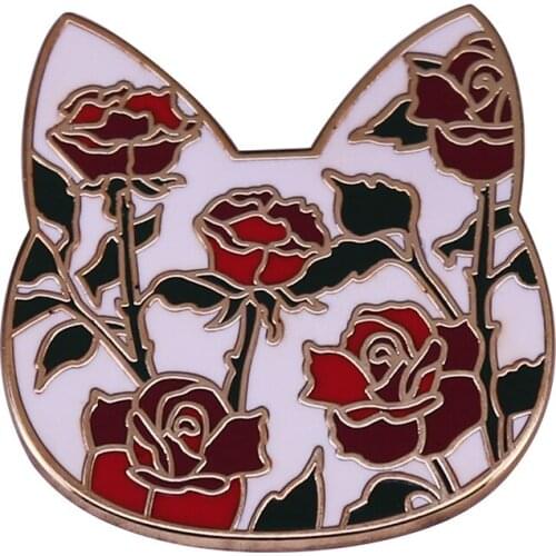 Floral Cat Enamel Pin Red Rose Brooch Perfect Gift for Kitty Lovers