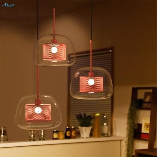Nordic Pink Macaron Iron Mesh Glass Pendant Lights Living Room Dining Table Restaurant 3 Head Bar Balcony Lamps Hanging Fixtures