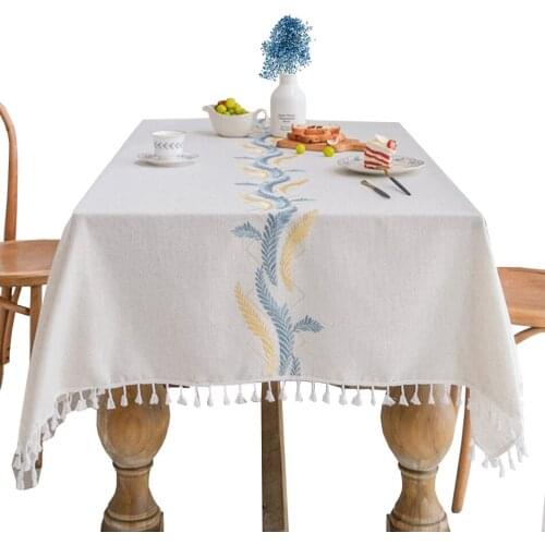 Embroidery Leaf Pattern Cotton Linen Fabric Tablecloths Spill-Proof Stain Rectangle Table Cloth Christmas Decoration for Kitchen
