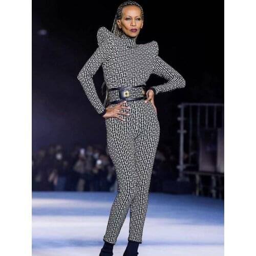 2021 Sexy Womens Long Sleeve Bandage Jumpsuit Club Black Geometric Lady Sashes Bodycon Bodysuit Party Celebrity