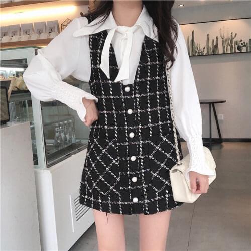 Fashion Two Piece Set Dress 2020 Autumn Women White Shirt Tweed Plaid Vest Single Breasted Dress Suits Mini Sweet Vestidos f1442