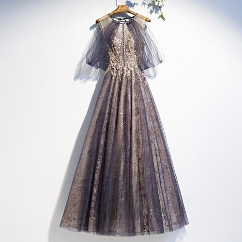 Bespoke Occasion Dresses Illusion O-Neck Short Pearls Sequined Off The Shoulder Purple Lace Tulle Lady Formal Evening Gown HB150