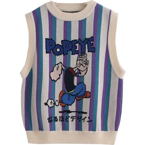 2021 Winter Women Sweater Vest Striped Sleeveless Knitted Vests Cotton Vintage Cartoon Embroidery Pullovers Casual Outwear Tops