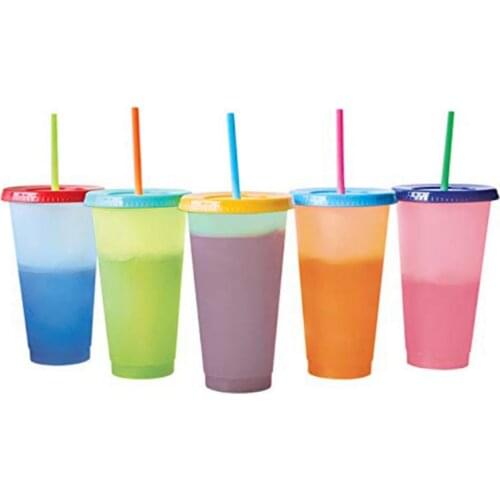 710ML 5pcs Straw cup Reusable Plastic Temperature Color Changing Cold Cup Summer Drink Water Mug bottle wine tumbler With Straws