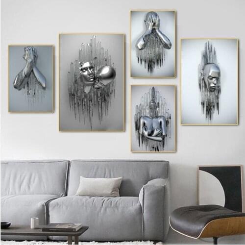 Abstract Metal Figure Statue Canvas Painting Sculpture Poster and Prints Wall Art Pictures for Living Room Home Hotel Decoration