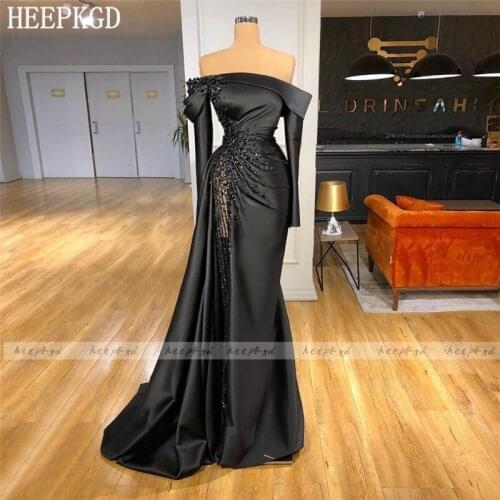 New Design Long Sleeves Sexy Evening Dress Off The Shoulder Crystal Satin Special Occasion Dresses Plus Size Long Prom Gowns