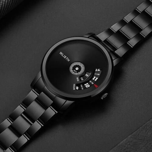 WLISTH new black mens watch personality waterproof mens table time second creative rotating domeial watch men