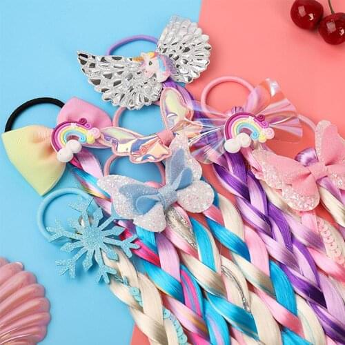 Kids NEW Colorful Wig Pigtail Bowknot Elastic Hair Band for Girls Glitter Sequin Scrunchies Ponytail Hair Ropes Headwear