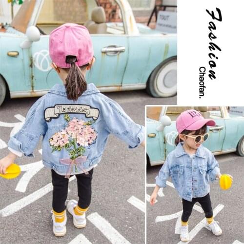 Girls Denim Jackets Toddler Child Embroidered Flowers Lapel Coats Kids Sequins Casual Cowboy Tops Clothes