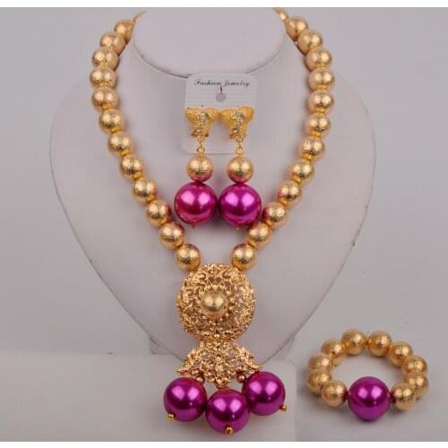Fuchsia Pink Costume Necklace African Set Nigerian Beads Jewelry Set Bridal Set Wedding Accessories