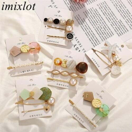 Imixlot New Fashion 3pcs/set Women Elegant Hair Accessories Button Round Imitation Pearl Hair Clips Metal Hairpin Barrettes