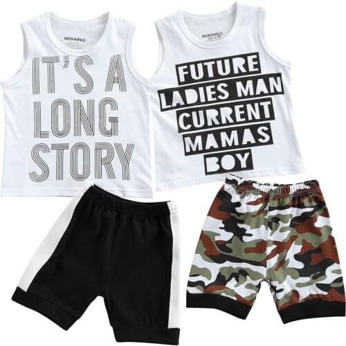 2021 Infant Kids 2Pcs Baby Boy Summer Outfits, Casual Letter Print Sleeveless T-Shirt + Shorts Set 1-5T