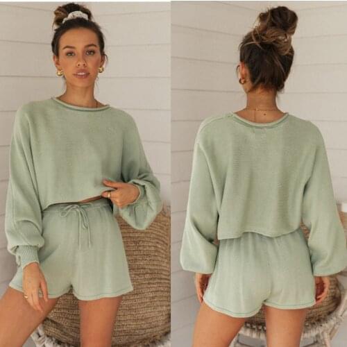 2020 Spring and Summer Europe and America New Style Puff Sleeve Tops Shorts Set-Navel Sweater Two-Piece Set