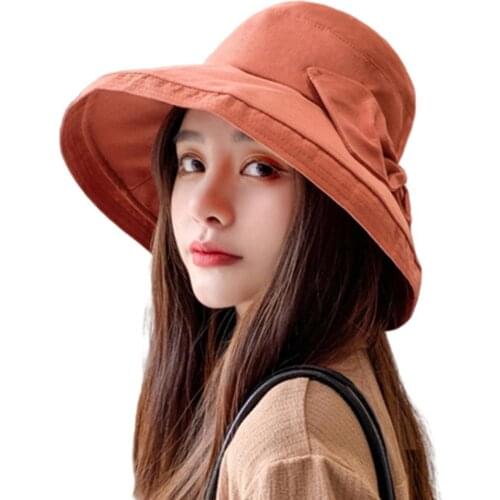 HOT SALES !!!Women Solid Color Bowknot Wide Brim UV Protection Summer Sun Hat Bucket Cap