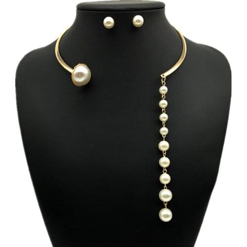 Fashion Women Jewelry Sets Gold&Silver Color Alloy Choker Imitation Pearls Long Pendants Necklace Pearl Stud Earrings Sets