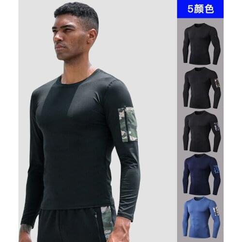 Men Sweatshirt with Pocket High Elastic Long Sleeve T-shirt Jogger Running Casual Gym Training Shirt Sport Jerseys Sportswear