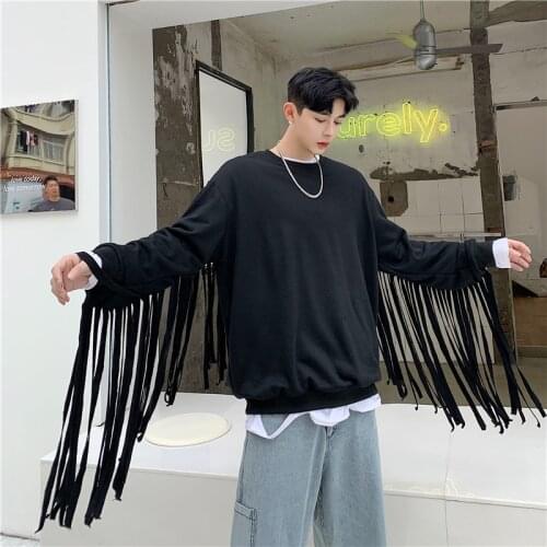 Men Long Tassel Sweatshirts Hip Hop Streetwear Pullover Male Women Autumn Casual Black Red Hoodie Tops Stage Clothing Sudaderas