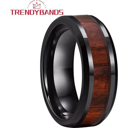 Red Wood Inlay Mens Womens Tungsten Rings Wedding Band 8MM Black Polished Shiny Comfort Fit