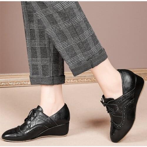 Casual Oxfords Shoe Women Lace Up Genuine Leather Wedges Ankle Boots Female Low Top Round Toe Pumps Shoes US Size 3-US Size 10.5