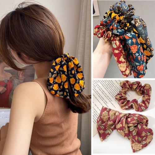 Retro Floral Hair Band Silk Hair Ring Bowknot Elastic Ribbon Streamer Hair Rope Female Tie Hair Girl Wild Simple Girl