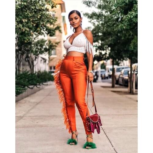 Sexy Plus Size Side Fringe Solid Pants Women Autumn Skinny Pencil Trousers Casual High Waist Stretch Bodycon Orange Tassel Pants