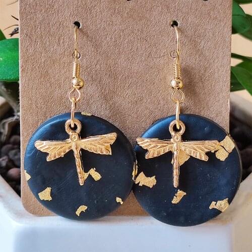 Minar Unique Design Handmade Circle Dragonfly Gold Foil Polymer Clay Dangle Earring for Women Geometric Vintage Earring Jewelry