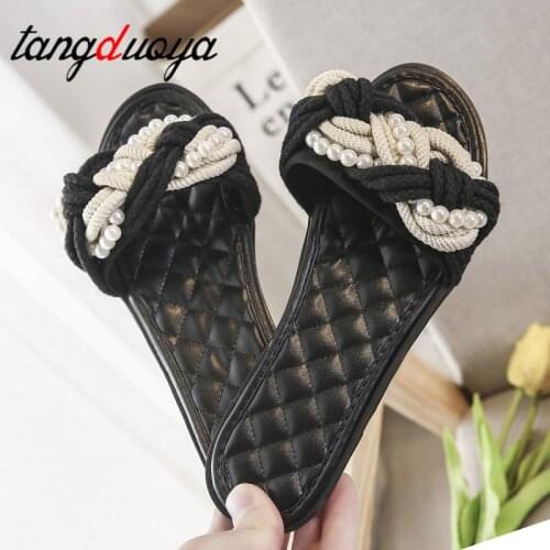 Slippers Striped Ribbon Cork Sandals Flat Non-Slip Flip Flop Home Shoes Casual Straw Beach Slipper Slipper Pearl Weaving Sandals