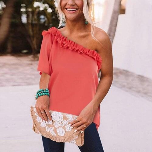 One Shoulder Ruffle Tops Women Short Sleeve Shirt Elegant Ladies Party Summer Solid Color Skew Collar Fashion Streetwear Sexy