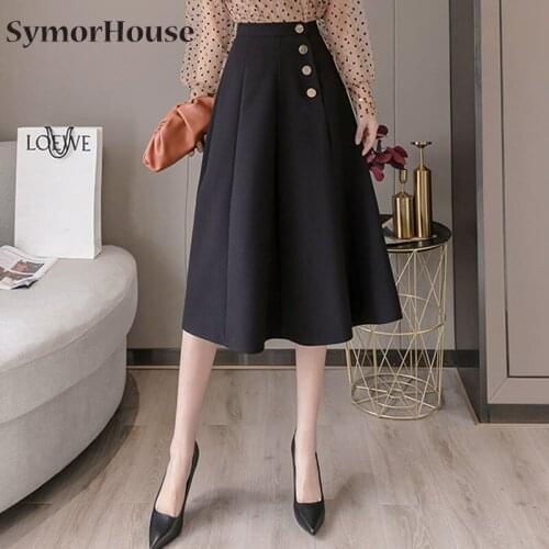 High Waist Big Swing Skirt Women Elegant Korean Casual Solid Color Black Apricot Work Office A-line Skirts Female Spring Autumn
