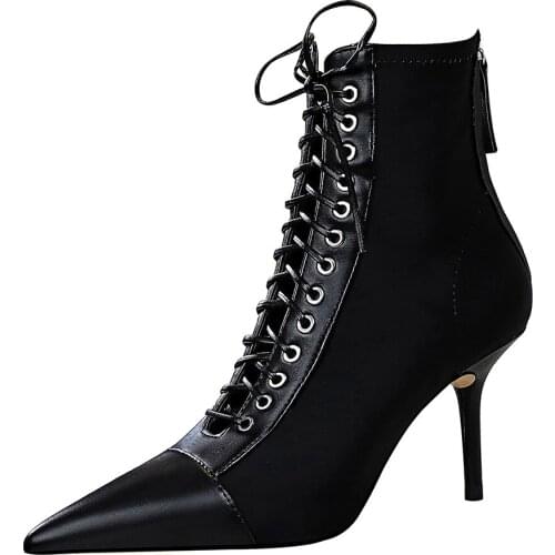 Women Retro Hollow Out Lace-up Ankle Boots 8cm Leather Patchwork OL Black Ladies Stretch Lycra Zipper Boot Cross Strap Heels 40