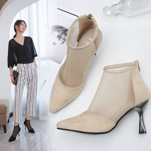 SONDR Summer Fashion Solid Mesh High Heels Pointed Toe Cross Lines Decoration Ankle Lady Boots Grace Women Ventilate Boots