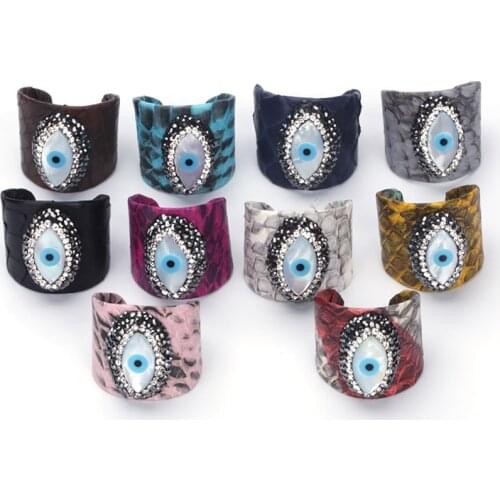 2021 Hot Sale Luxury Shell Evil Eye Bead Charm Pave Rhinestone Pink Black Blue Snake Leather Adjustable Open Rings Cuff Women