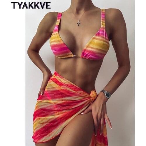 2021 Women Bandage 3 Piece Bikini Set Push-up Tie dye Leopard High Waist Beach Swimsuit Dress Padded Bathing Suit Swimwear Skirt