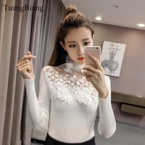 2020 New Lace Turtleneck Patchwork Pullovers Sweaters Spring Hollow Out Diamond Long Sleeve Sweater Women Winter pullover Jumper