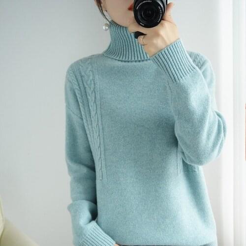 2021 new style 100% wool ladies high neck pullover sweater long sleeve pure color all-match casual cashmere base sweater