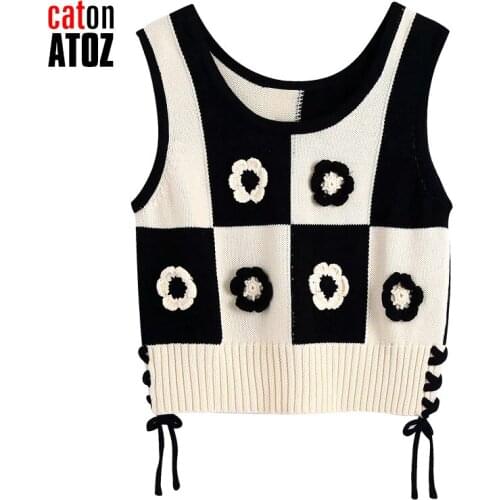 CatonATOZ 2497 New 2021 Womens Sweater Fashion Casual Oversize Woman Jacquard Side Crochet Flower Pattern Knitted Top Vest
