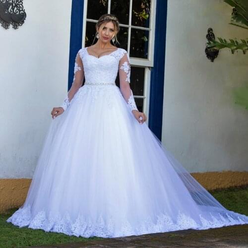 V-neck Long Sleeves Ball Gowns Wedding Dress Beading Sash Applique Lace Bridal Gowns vestidos de noiva curto