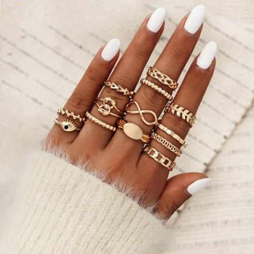 13 Pcs/Set Bohemian Gold Color Leaf Infinite Knot Hollow Geometric Finger Set Knuckle Rings for Women Ladies Jewelry Accessories