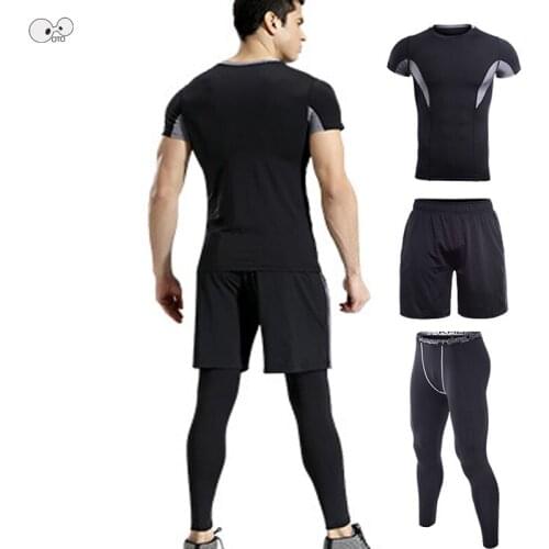 2019 Quick Dry Compression Sports Suits 3PCS Mens Running Sets Gym Fitness Jogging Sportswear Basketball Soccer Tights Clothes