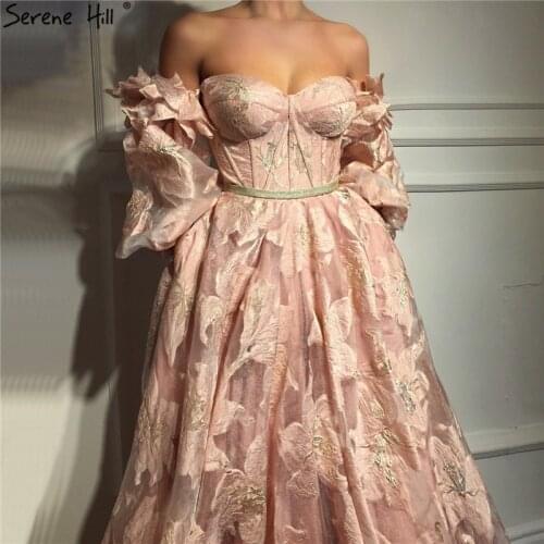 2020 Pink Off Shoulder Sexy Evening Dresses Handmade Flower Long Sleeve Beach Evening Gowns Long Serene Hill LA60705