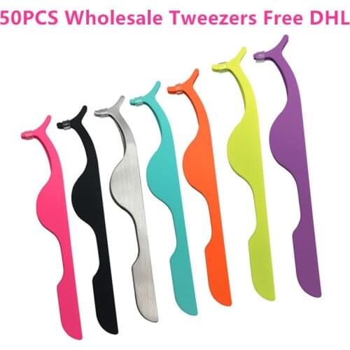 50Pcs Wholesale False Eyelash Tweezers Fake Eye Lash Applicator Eyelash Extension Curler Nipper Auxiliary Clip Clamp Makeup Tool