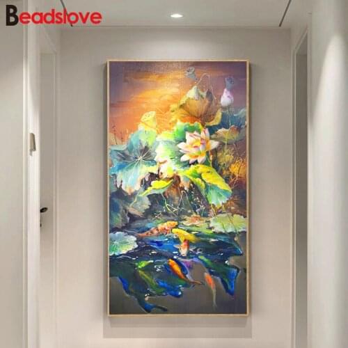 5d diy Diamond Painting Gold Lotus Fishes diamond Embroidery full round Mosaic Diamond cross stitch large Entrance decoration